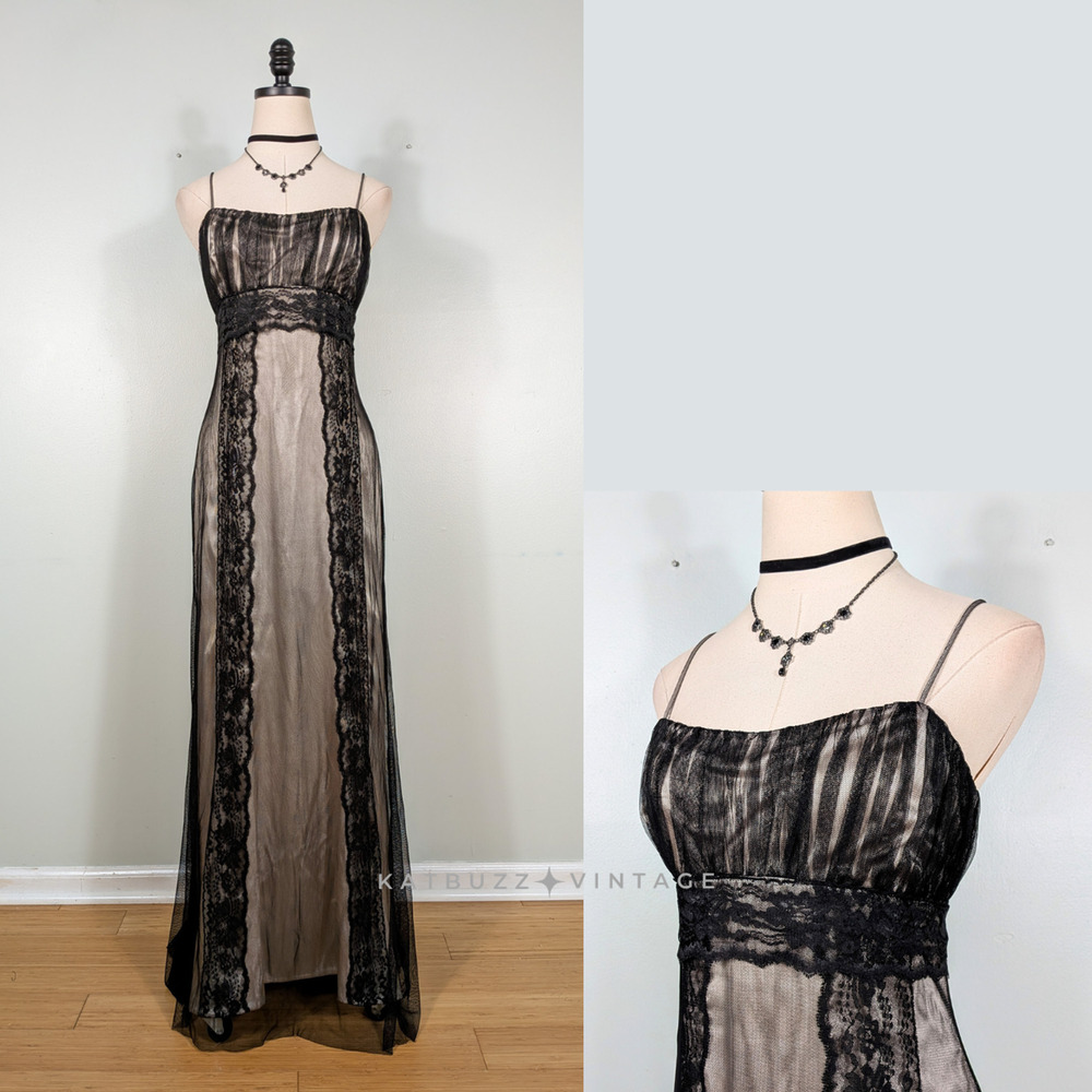 Vintage Prom Dress Maxi Gown 10 Black Lace Babydoll Fairy Goth Corset 90s Y2K